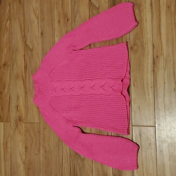 Aqua Cable Knit Balloon Sleeve Hot Pink Sweater - Picture 3 of 9